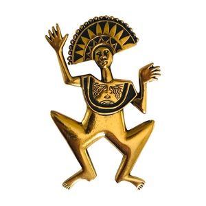 Gold Plated Laurel Burch Artifacts Brooch Fish Snake Man 1980s Vintage Jewelry